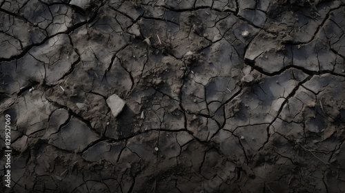 The core concept of this image is the dried, cracked surface of black soil, presenting a parched landscape photo