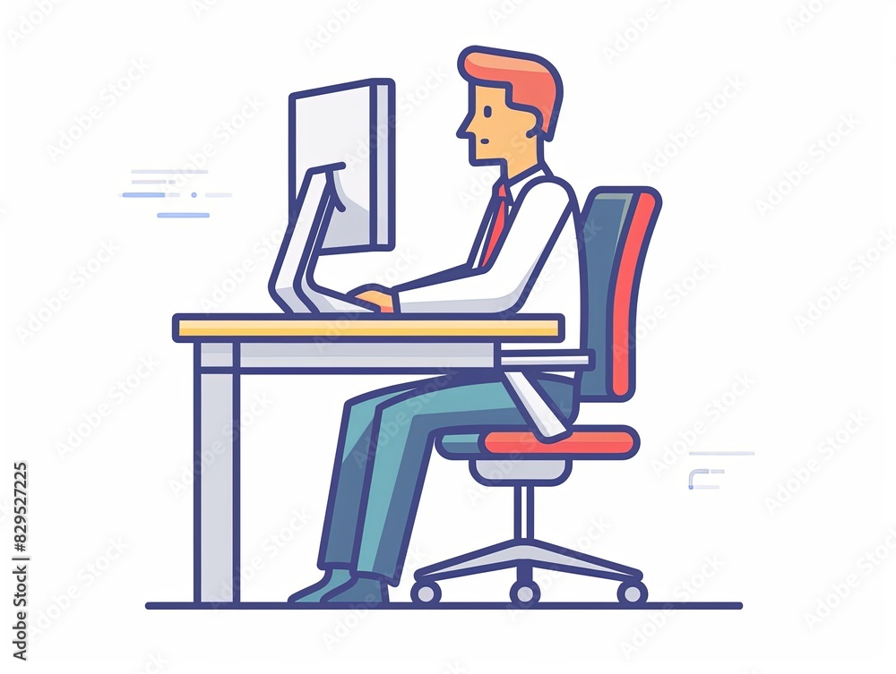 A man is sitting at a desk with a computer monitor and keyboard in front of him A man is sitting at a desk with a computer monitor and keyboard in front of him