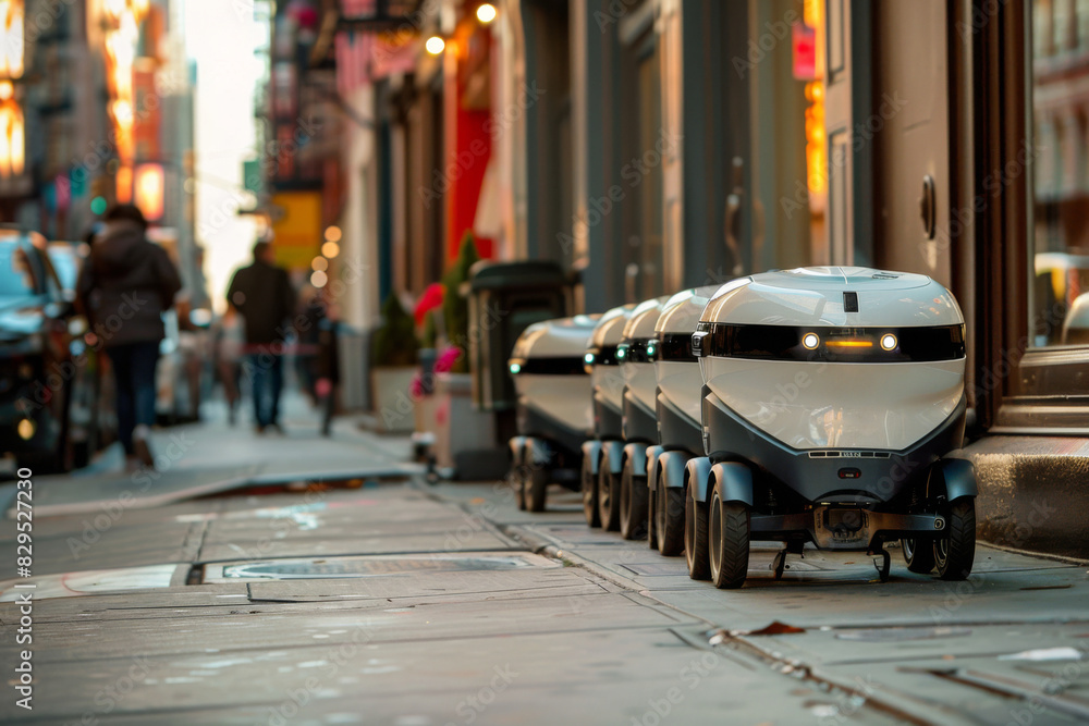 Delivery robots are lined up along the sidewalk near the entrance of a store on the city street Delivery robots are lined up along the sidewalk near the entrance of a store on the city street