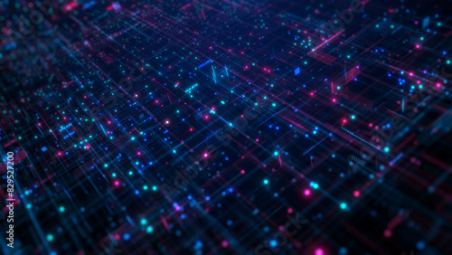 Abstract digital grid featuring glowing blue and pink data points, representing advanced technology and network connections. Technology data network background. 3d rendering