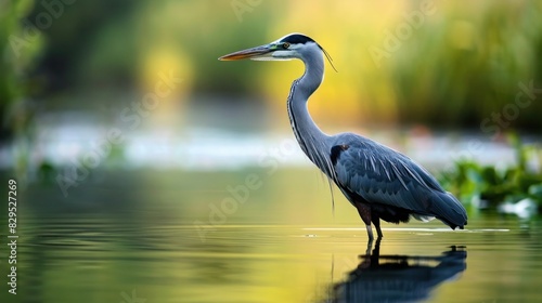 A graceful heron standing majestically in a tranquil pond, its sleek silhouette reflected in the still waters, epitomizing the elegance and poise of the natural world. © Ibraheem