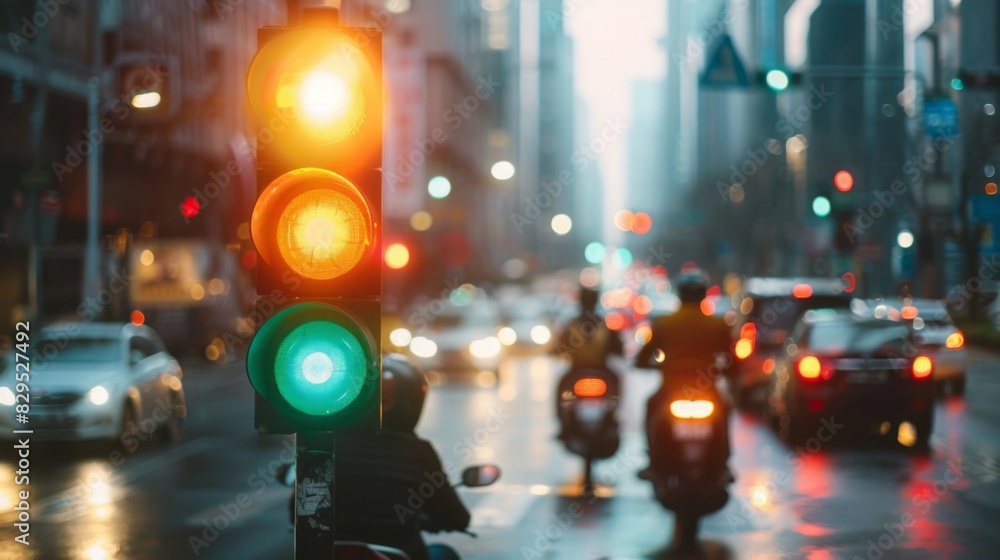 A busy city street with a traffic light showing green, and cars and motorcycles moving forward in the background A busy city street with a traffic light showing green, and cars and motorcycles moving forward in the background