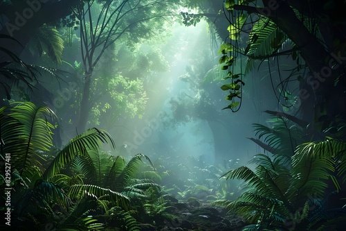 Lush tropical rainforest teaming with a variety of exotic animal species. 