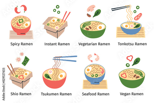 Vector illustration set of ramen bowls and takeout boxes with Chinese and Japanese noodles, vegetarian and seafood. Types of broths like tsukumen, shio, tonkotsu, noodle soup ingredients, bamboo mats