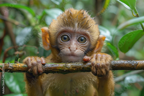 A baby monkey holding onto a branch, looking curious © Venka