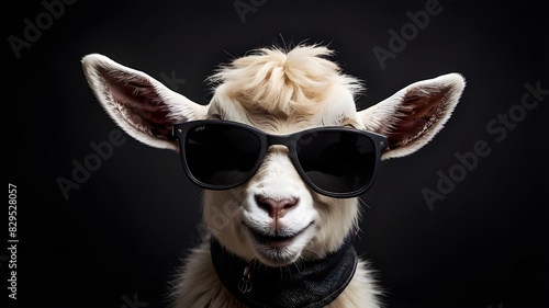 The baby goat sunglasses wearing and happy mood black background © Faizan