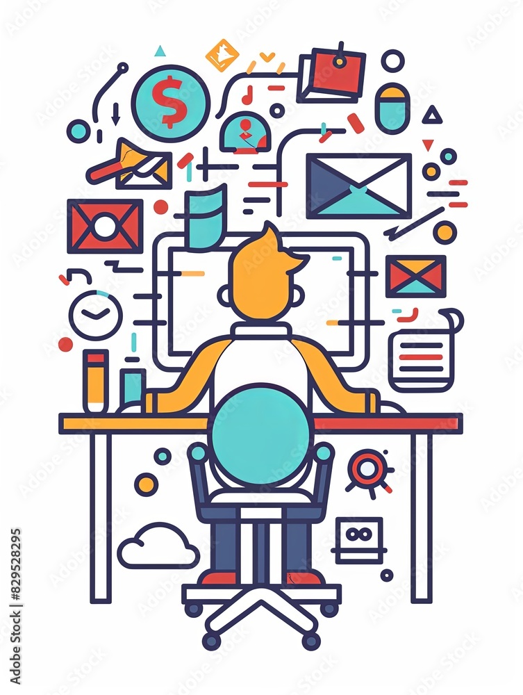 Fototapeta premium A man is sitting at a desk with a computer monitor in front of him