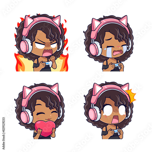Cute afro hair gamer girl icon set suitable for logo, sticker, badges and streamer.