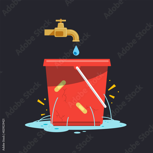 A golden faucet and a broken red bucket. Isolated Vector Illustration