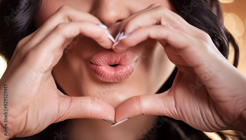 Extreme close-up of hands in the shape of a heart and a mouth of a woman blowing a kiss with her lips. Generative Ai.
