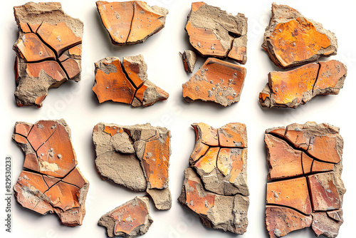 Clay fragments present rich display of textures and patterns. Clay pieces show dynamic nature of material from smooth surfaces to rough edge.