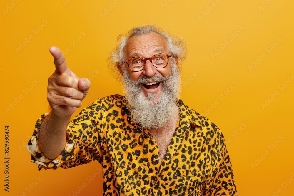 Cool Aged Bearded Man Pointing at You with Crazy Fashion in Leopard Shirt Cool Aged Bearded Man Pointing at You with Crazy Fashion in Leopard Shirt