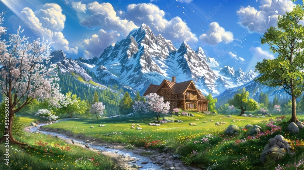 Idyllic mountain landscape with blooming meadows in springtime