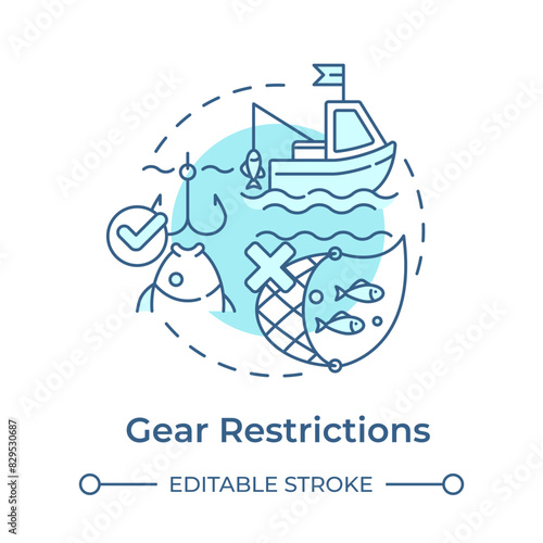Gear restrictions soft blue concept icon. Fishing equipment, bottom trawls. Aquatic resources. Round shape line illustration. Abstract idea. Graphic design. Easy to use in infographic, presentation