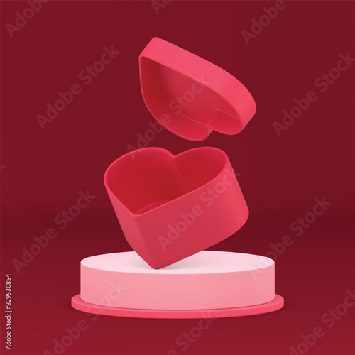 3d pink podium with red heart gift box festive presentation display realistic vector illustration