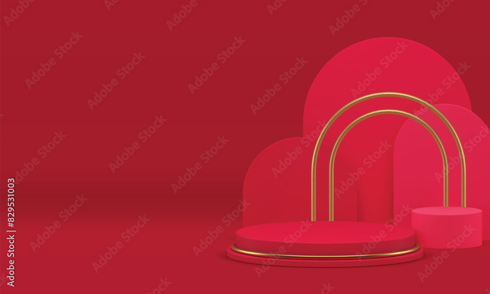 Red 3d showroom luxury geometric podium with golden arch for fashion product show realistic vector Red 3d showroom luxury geometric podium with golden arch for fashion product show realistic vector