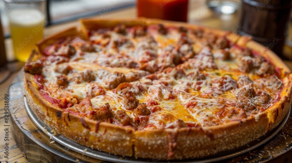 A classic Chicago-style deep-dish pizza with a thick crust, layers of cheese, sausage, and chunky tomato sauce.