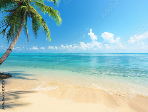Beautiful tropical beach with palm trees and crystal clear blue water under a clear sky.