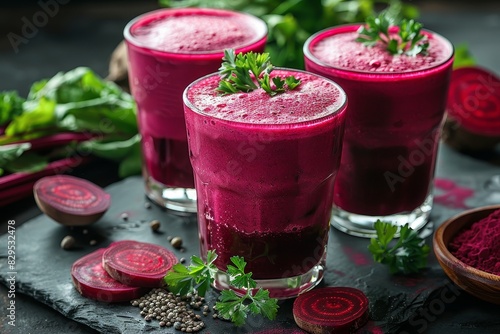 Beetroot Smoothie - Deep pink/purple with beetroot slices and a parsley garnish. 