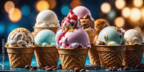 A colorful display of ice cream flavors in various forms. Scoops of ice cream in different colors and textures fill bowls, cones, and waffle cups © chick_david