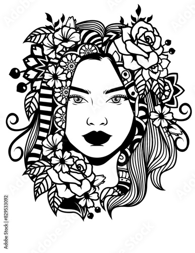 Floral Mandala Lady Illustration, Mandala Girl Cut File, Floral Girl Stencil, Floral Woman Vector, Mandala Floral Hair Clipart