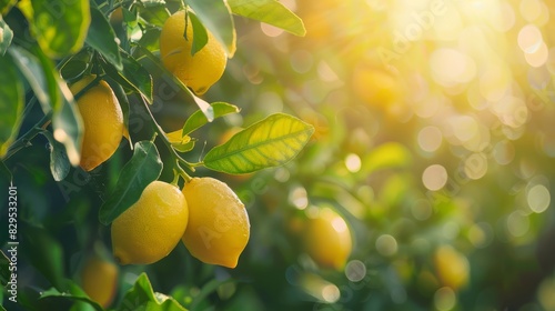 Ripe lemons on a tree branch with lush green leaves bathed in sunlight in a mediterranean citrus grove