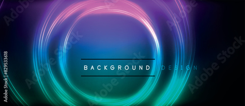 Neon glowing circle rays, light round lines in the dark, planet style neon wave lines. Energetic electric concept design for wallpaper, banner, background