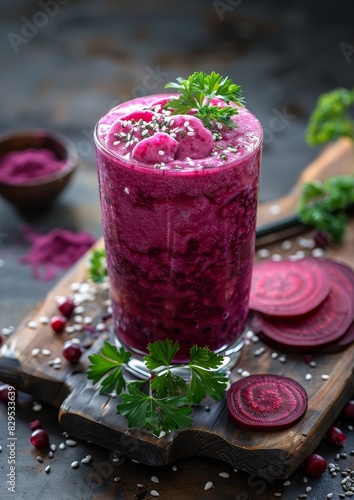 Beetroot Smoothie - Deep pink/purple with beetroot slices and a parsley garnish. 