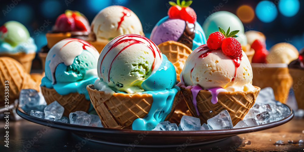 Fototapeta premium A colorful display of ice cream flavors in various forms. Scoops of ice cream in different colors and textures fill bowls, cones, and waffle cups