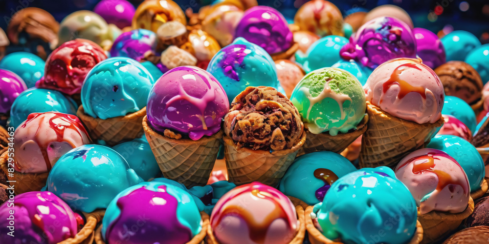  A colorful display of ice cream flavors in various forms. Scoops of ice cream in different colors and textures fill bowls, cones, and waffle cups. Pints and tubs with labeled flavors 
