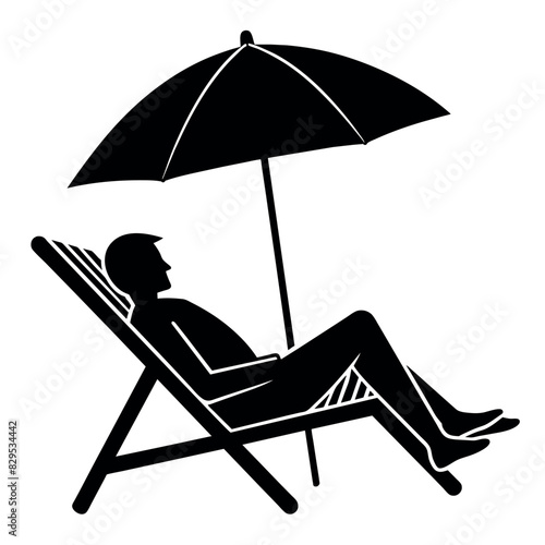 A man Sleeping on the sea beach, sitting on the Deckchair, with umbrella vector silhouette
