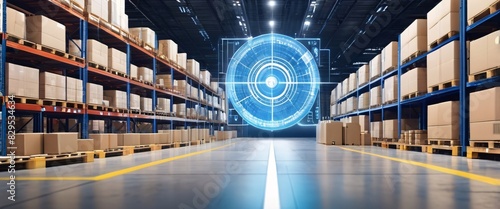 Smart warehouse management system using augmented reality technology to identify package picking and delivery. Future concept of supply chain and logistic business, An abstract digital background photo