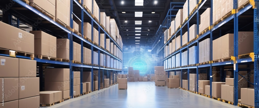 Smart warehouse management system using augmented reality technology to identify package picking and delivery. Future concept of supply chain and logistic business, An abstract digital background Smart warehouse management system using augmented reality technology to identify package picking and delivery. Future concept of supply chain and logistic business, An abstract digital background