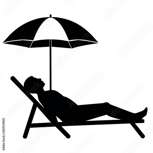 A man Sleeping on the sea beach, sitting on the Deckchair, with umbrella vector silhouette