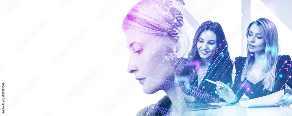 Fototapeta premium Multi-exposure of businesswomen with arrows and digital elements