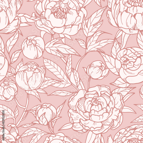 Floral pattern with contoured peony flowers. Seamless outlined print. Blossoms, retro background design. Delicate blooms, botanical texture. Detailed elegant drawing. Hand-drawn vector illustration