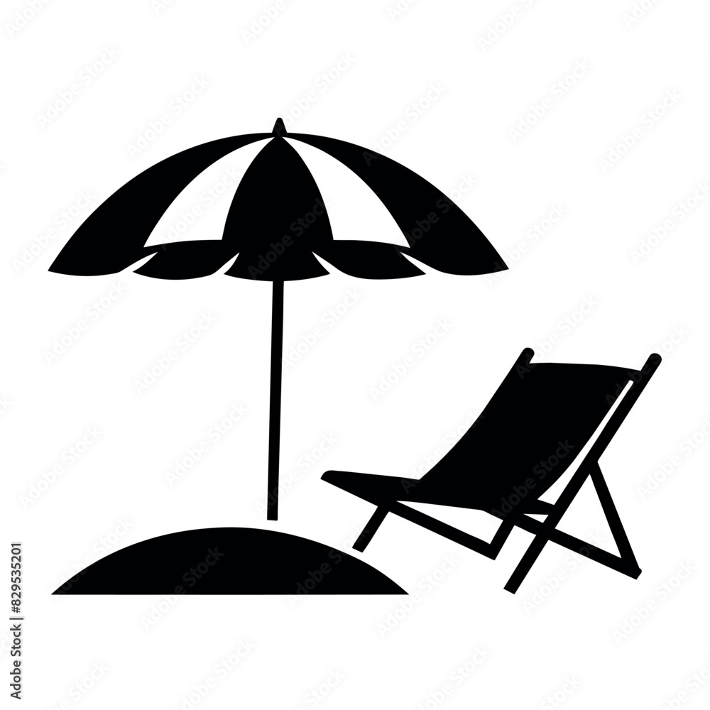 A Dock chair with a umbrella on the sea beach vector silhouette white background A Dock chair with a umbrella on the sea beach vector silhouette white background