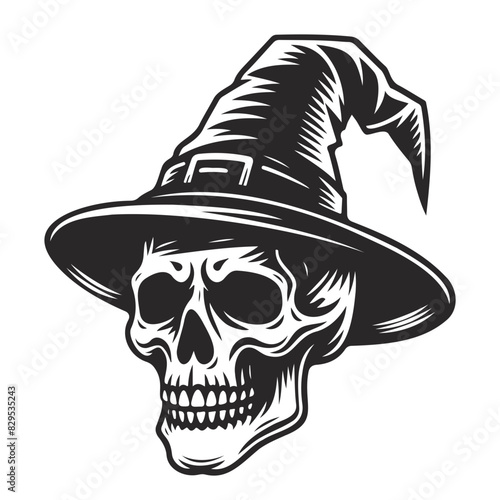 skull wearing witch hat vintage line art. for halloween card decor line art.
