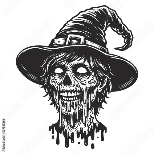 zombie wearing witch hat vintage line art.