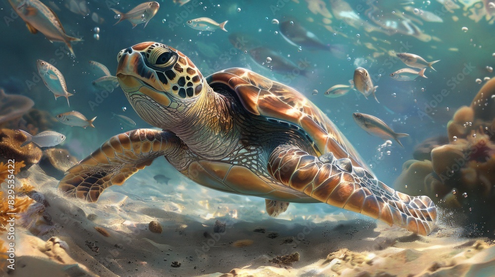 Obraz premium A sea turtle swims gracefully underwater surrounded by small fish and sunlight rays, showcasing the beauty of marine life and the importance of conservation.