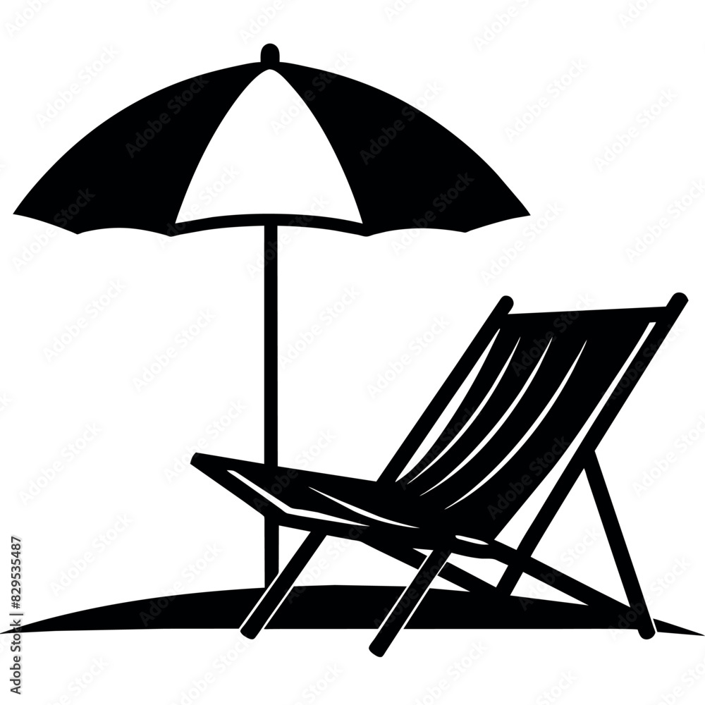 A Dock chair with a umbrella on the sea beach vector silhouette white background A Dock chair with a umbrella on the sea beach vector silhouette white background
