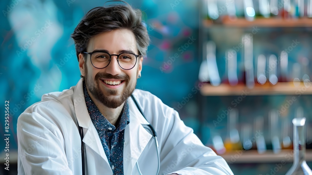 Obraz premium Happy Young Professor Radiating Positivity while Working on Colorful Background