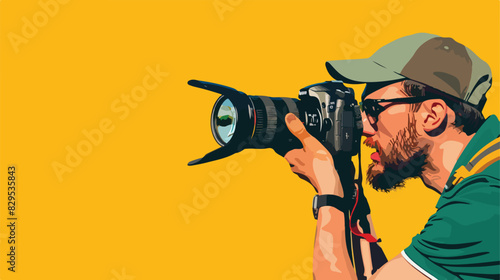 Professional photographer with modern camera on yellow