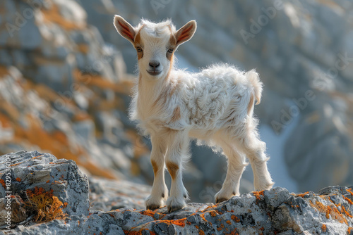 A baby goat standing on a rocky hill  looking adventurous