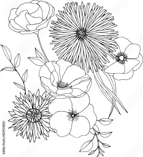 Black and white flower bouquet composition. Floral line art, hand drawn illustration svg, wildflowers (ID: 829536825)