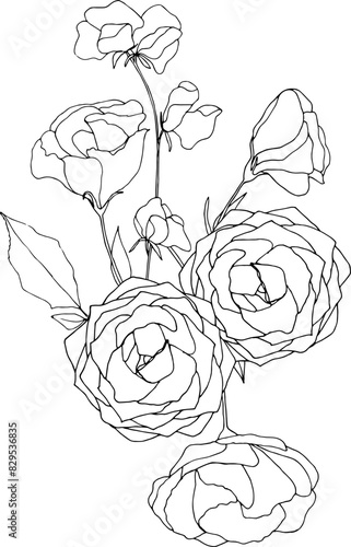 Black and white flower bouquet composition. Floral line art, hand drawn illustration svg, wildflowers (ID: 829536835)