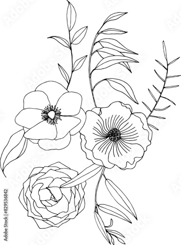 Black and white flower bouquet composition. Floral line art, hand drawn illustration svg, wildflowers (ID: 829536842)