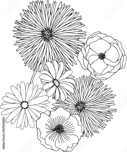 Black and white flower bouquet composition. Floral line art, hand drawn illustration svg, wildflowers (ID: 829536884)