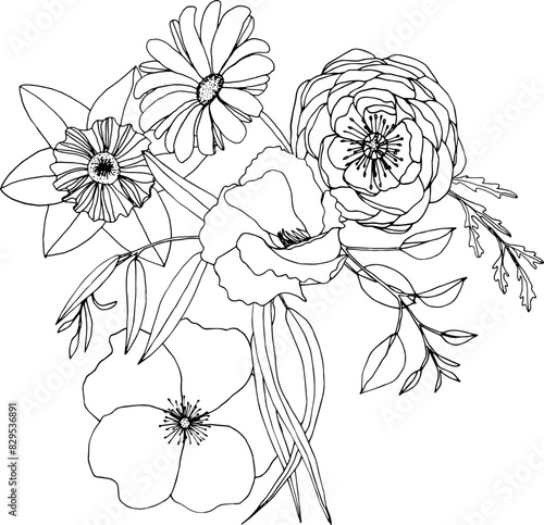 Black and white flower bouquet composition. Floral line art, hand drawn illustration svg, wildflowers (ID: 829536891)
