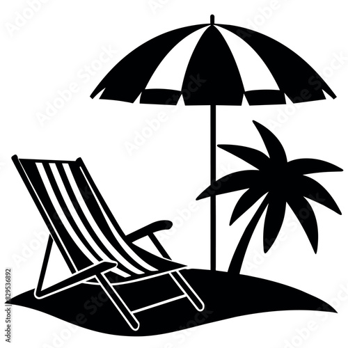 A Dock chair with a umbrella on the sea beach vector silhouette white background